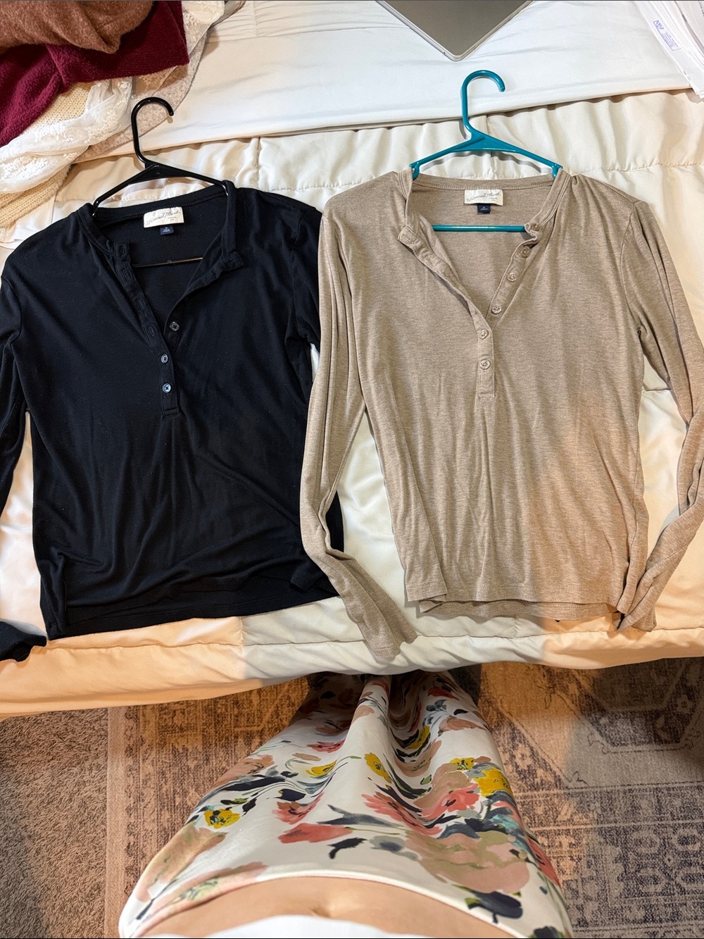 Long Sleeve Henley Tops - Black & Taupe